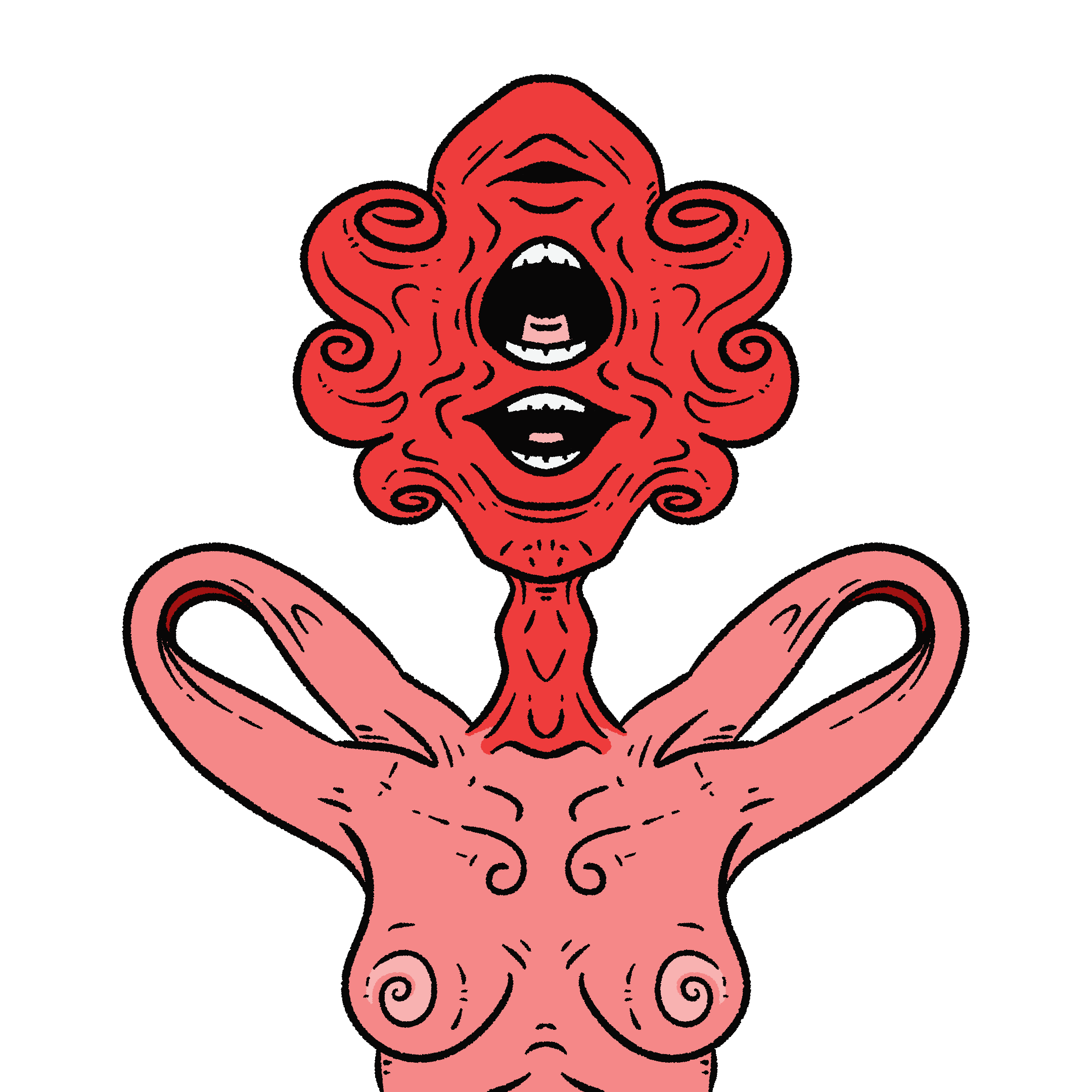Illustration of a creature with a red head and pink, bare-chested torso. Its head holds 3 mouths that appear to be singing. Its skin twists on either side of its head. Its has four shoulders, the upper arms attached to which connect via fleshy loops.